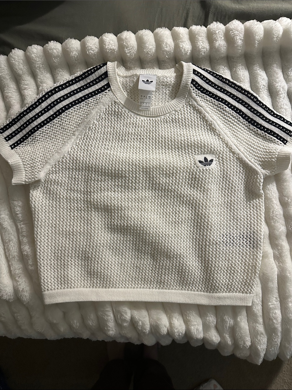 adidas White Mesh Short Sleeve Tee with Black Shoulder Stripes